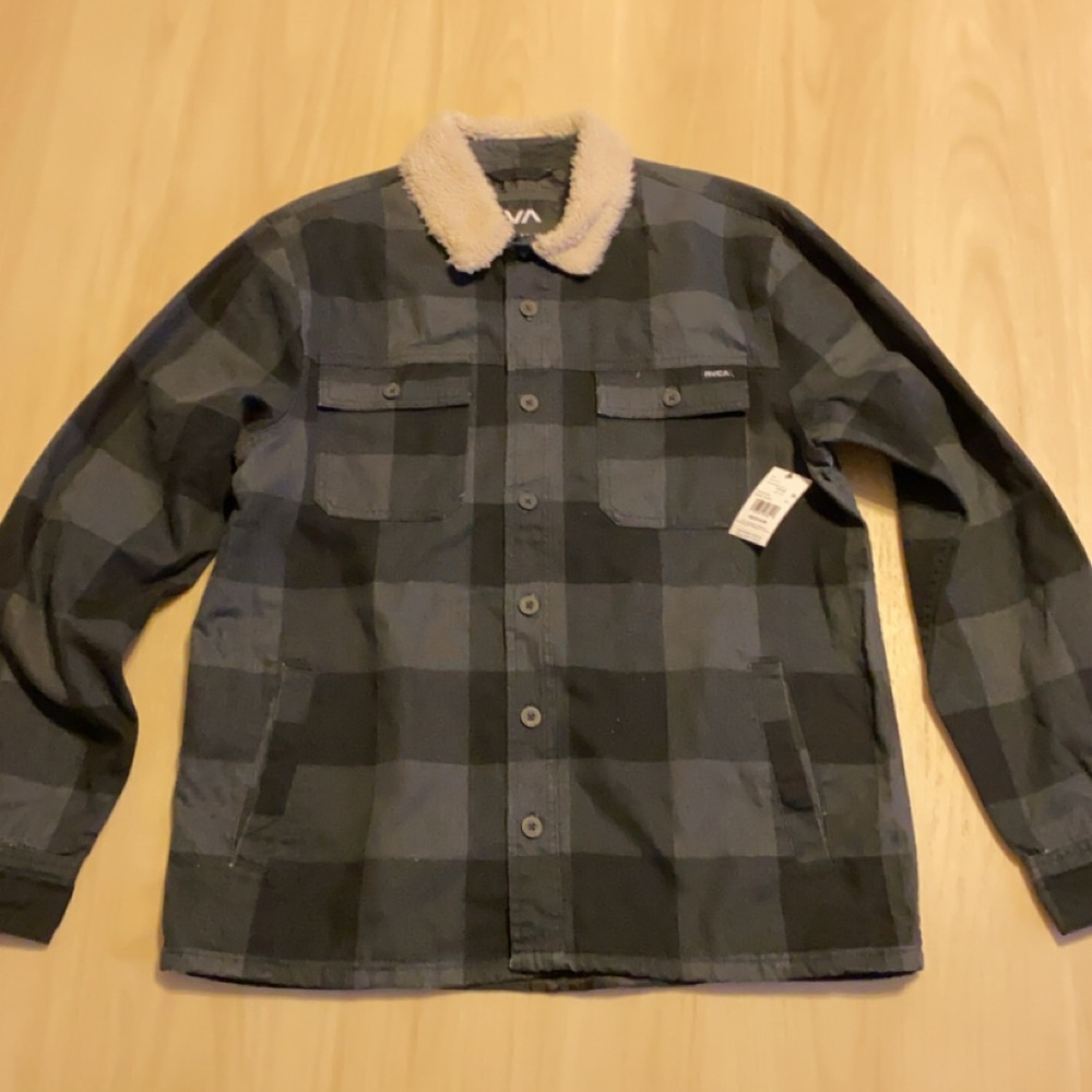 RVCA Men's Black and Gray Plaid Sherpa Collar Shirt Jacket